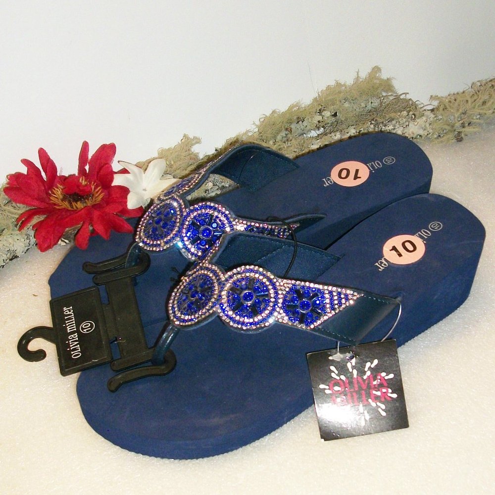 SOLD! OLIVIA MILLER Sz 10 Blue Beaded Thong Sandals NWT 1 3/4" Foam Wedge Heel - Picture 1 of 15